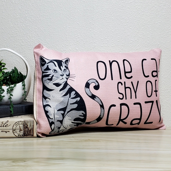 Wit Seriously Funny Other - Cat Throw Pillow In Pink Canvas Fabric wQuote "One Cat Shy of Crazy."
